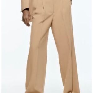Zara High Waisted Wide Leg Khaki Pleated Dress Trousers L